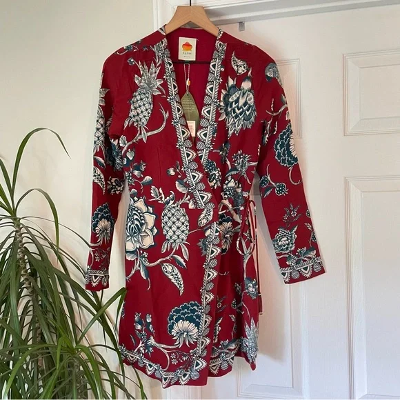 FARM Rio Dress Tropical Landing Red Wrap Long Sleeve V-Neck Mini Dress Medium